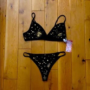 NWT Black velvet galaxy design lingerie set